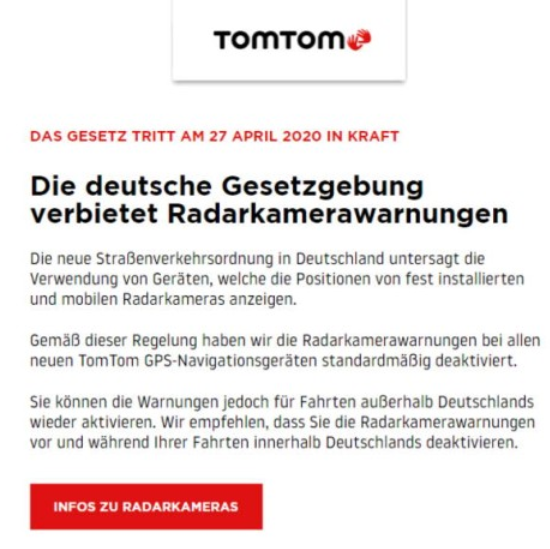 Info-Mail von TomTom: Radarkamerawarnung sollte abschalten werden